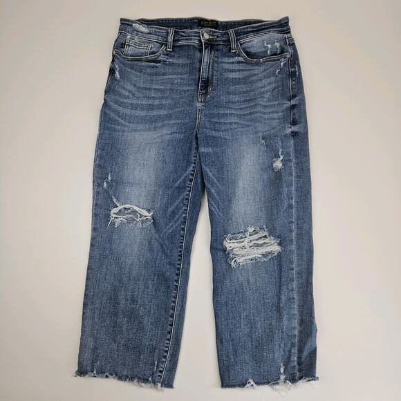 Judy Blue Wide Leg Crop Jeans Women's 32 Light Wash Distressed Denim High‎ Rise - Picture 1 of 10